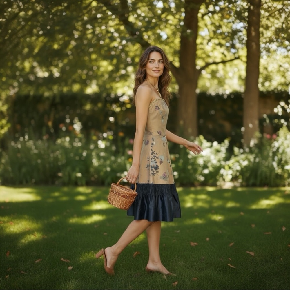 Anthropologie Floral Strapless Dress with navy silk ruffle